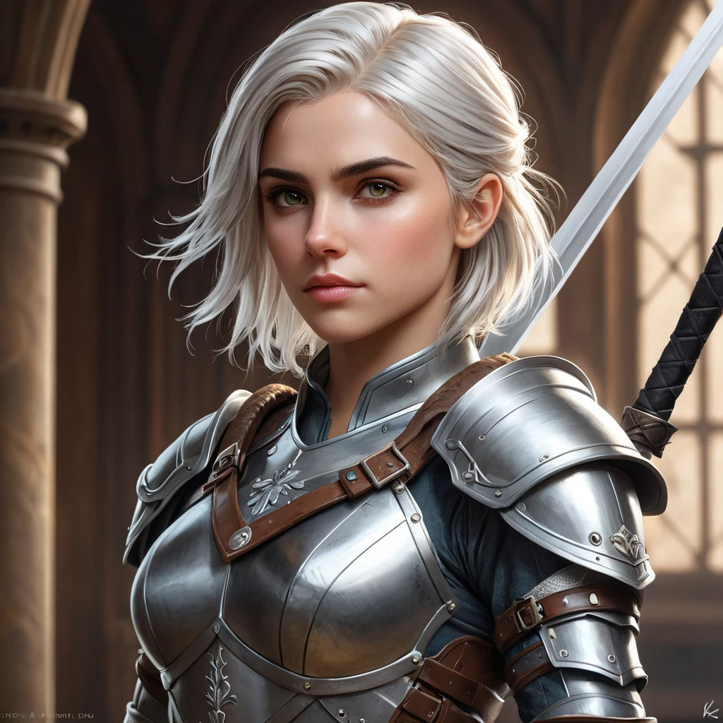 Ciri, the warrior, with a suit of armor and a sword at her side