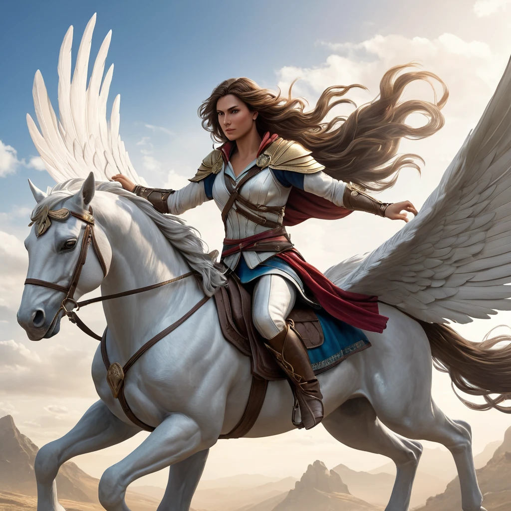 Kassandra, the Misthios of Assassin's Creed, soaring through the air on a magnificent pegasus, her flowing hair and billowing cloak capturing the essence of her unwavering spirit.