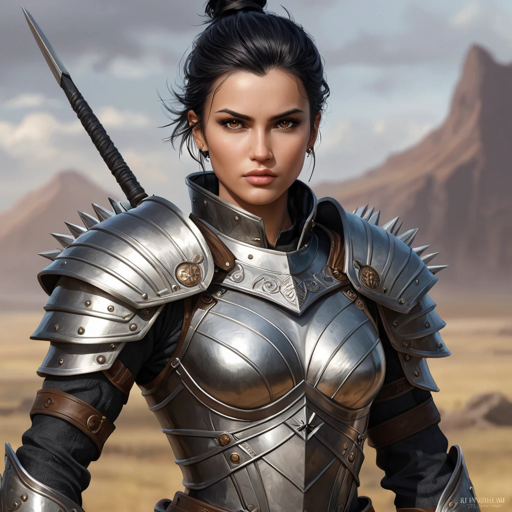 A fierce and beautiful warrior, inspired by the Nilfgaardian army, with short, spiky black hair and piercing brown eyes, standing in a battle-ready pose