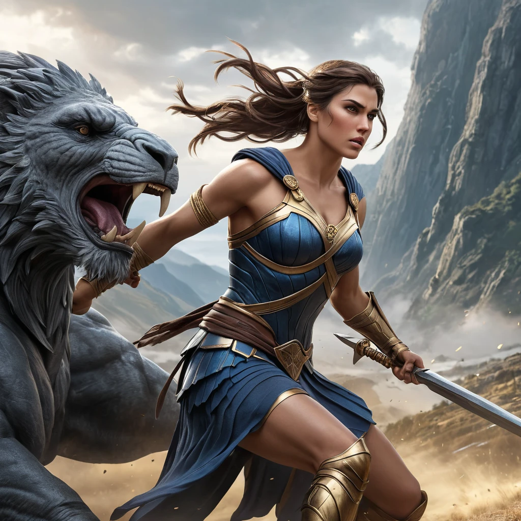 A dramatic action scene of Kassandra, the fierce Spartan warrior, engaged in a brutal battle against a towering mythological creature, her determination and skill shining through.