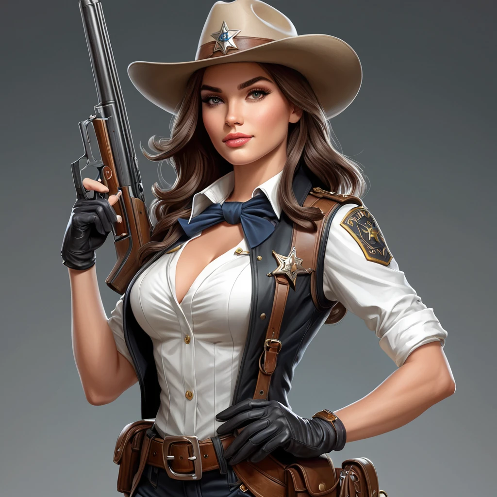 A bold and striking illustration of Caitlyn, the Sheriff of Piltover, with a confident pose and a rifle at the ready