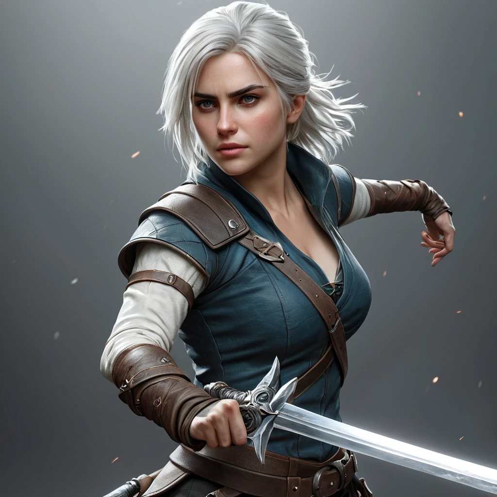 Ciri, the fierce and powerful witcher, wielding her sword in a dynamic action pose. Highly detailed, gritty, and realistic rendering.