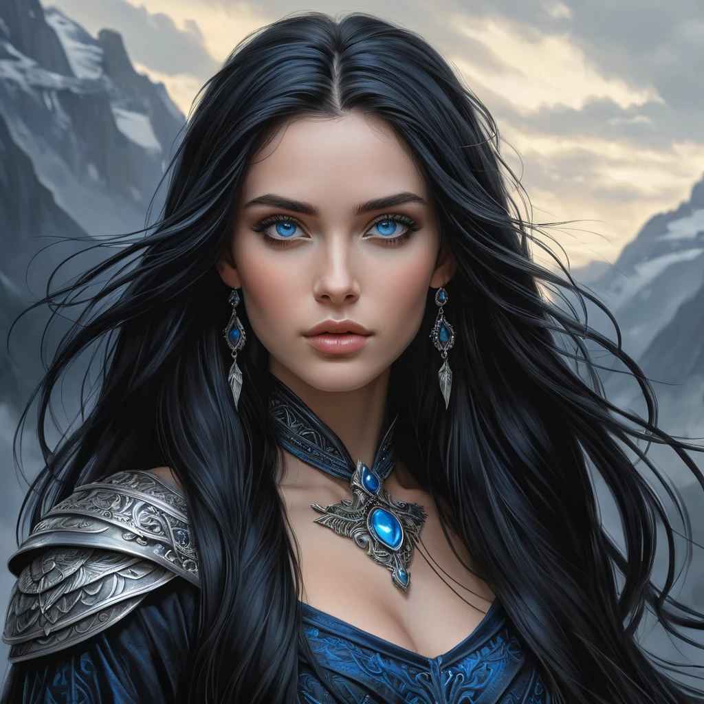 A beautiful, mysterious woman with long, raven-black hair and piercing blue eyes, inspired by the Wild Hunt