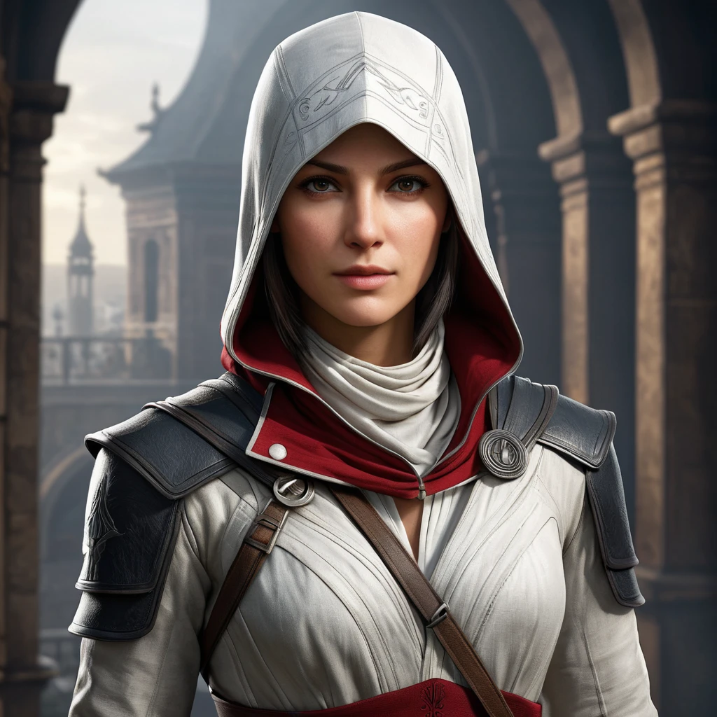 a graceful, agile female protagonist from the Assassin's Creed franchise, with striking features and a determined expression, in a cinematic, dramatic lighting