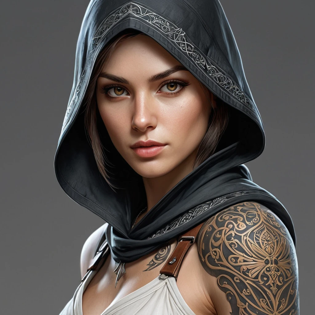 a female Assassin from the Assassin's Creed series, with intricate tattoos and a striking facial profile, rendered in a detailed, painterly style