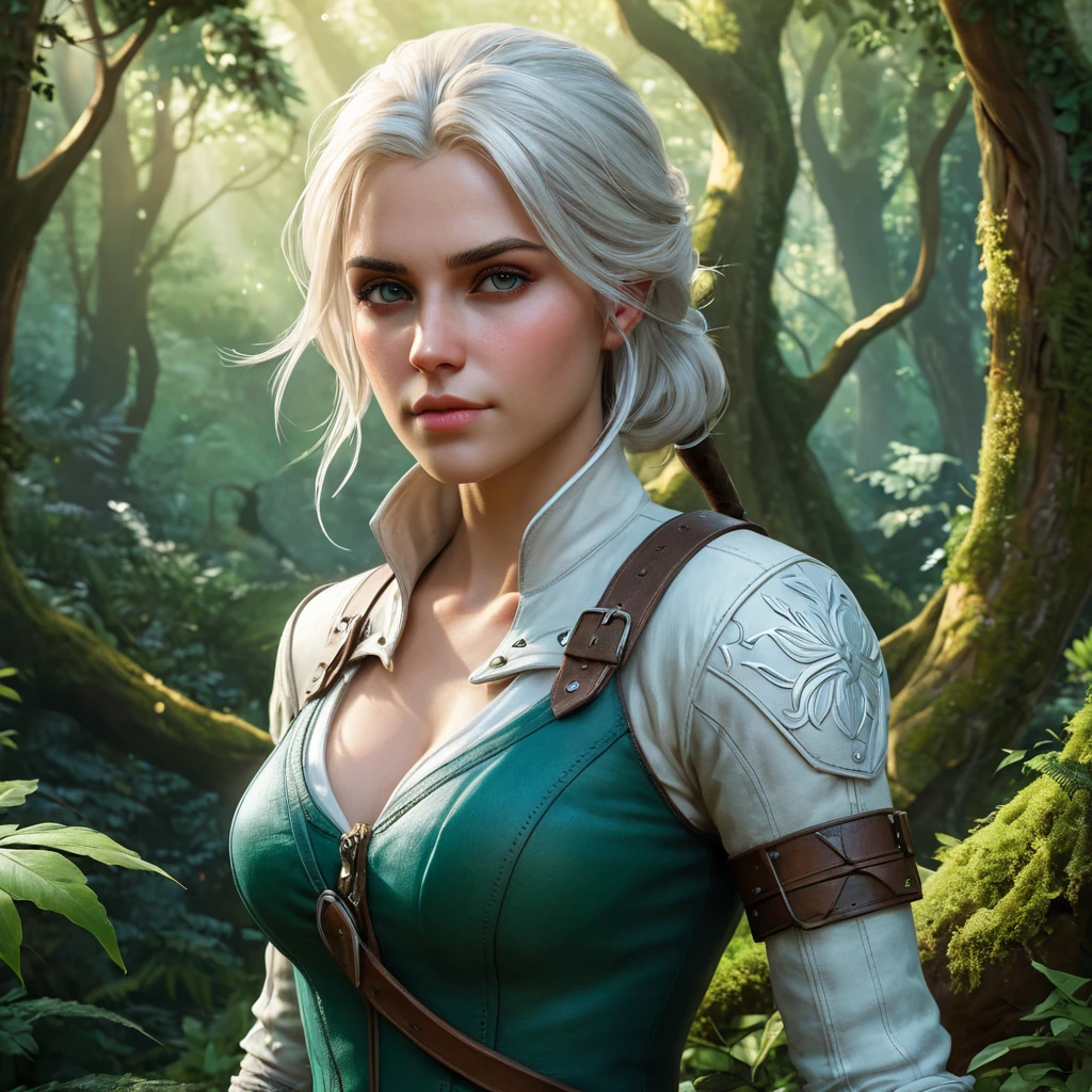 Ciri from The Witcher 3 standing in a lush, enchanted forest, with magical creatures swirling around her, her expression calm yet ready for action.