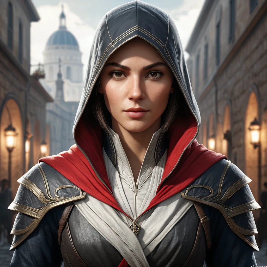 a female protagonist from the Assassin's Creed universe, with a mix of elegance and ferocity, rendered in a high-contrast, cinematic style