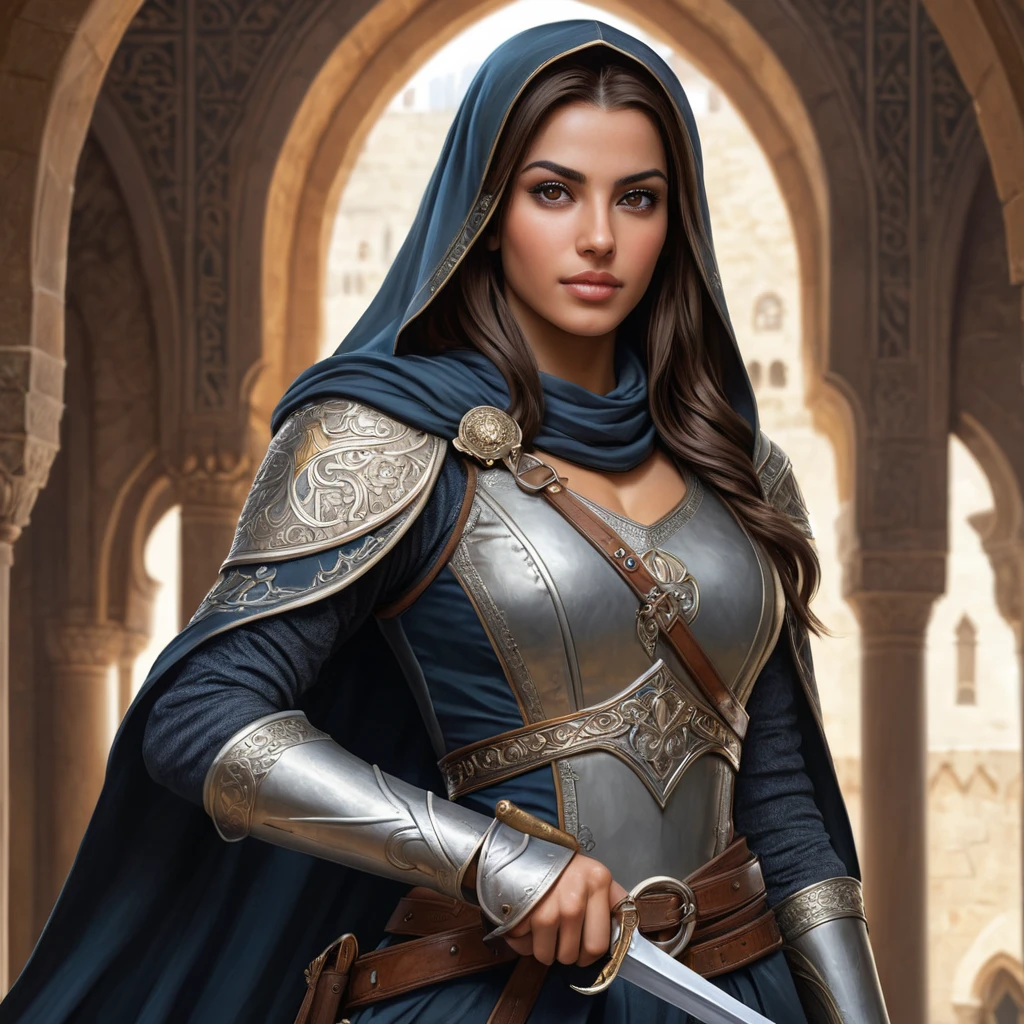 Layla Hassan, the Assassin of the Crusades, with a medieval Arabic outfit and a scimitar