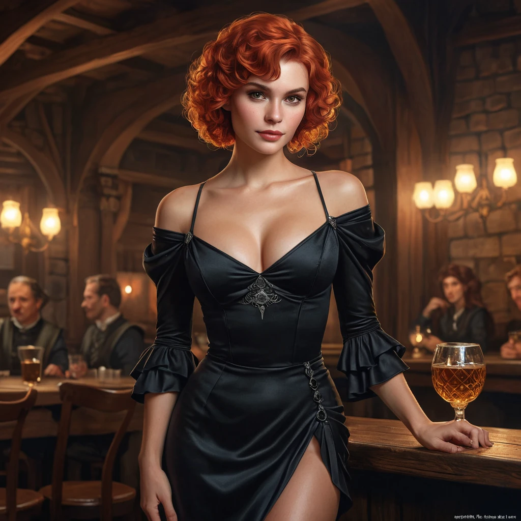 Fringilla Vigo, the cunning and seductive sorceress, with short, curly red hair and a revealing black dress, standing in a dimly lit tavern