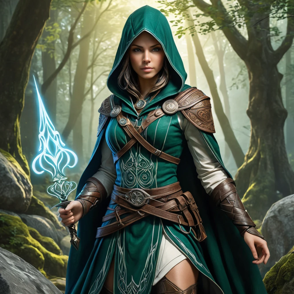 Imagine a beautiful Assassin's Creed character in a mystical Celtic forest, her clothing a mix of ancient druidic robes and hidden assassin weapons, surrounded by ancient stone circles and glowing will-o'-the-wisps.