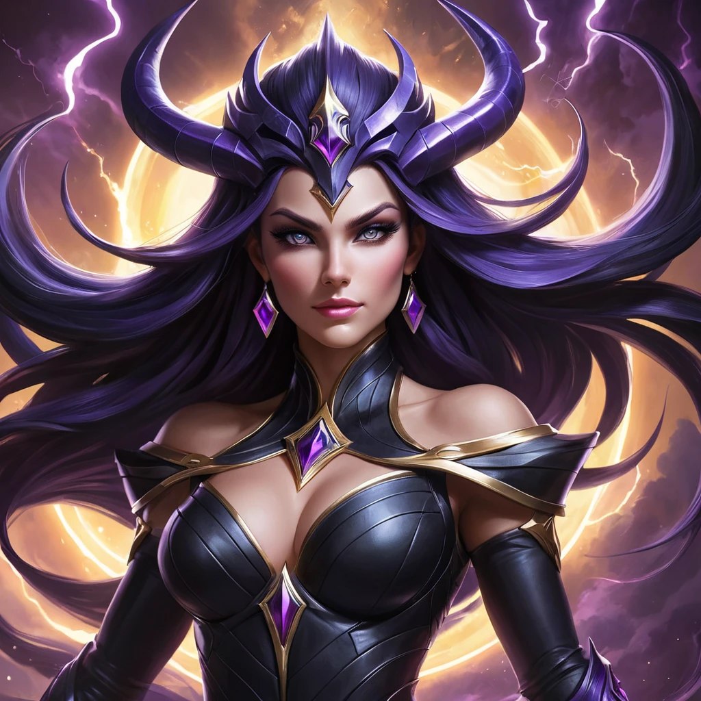 A vibrant and dynamic depiction of Syndra, the Dark Sovereign, with a swirling storm of energy and a fierce determination