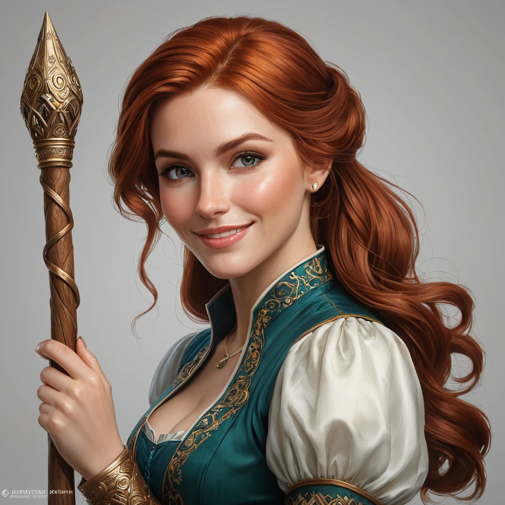 A portrait of Triss Merigold, her auburn hair cascading down her shoulders, a mischievous smile playing on her lips, holding a staff that crackles with magic