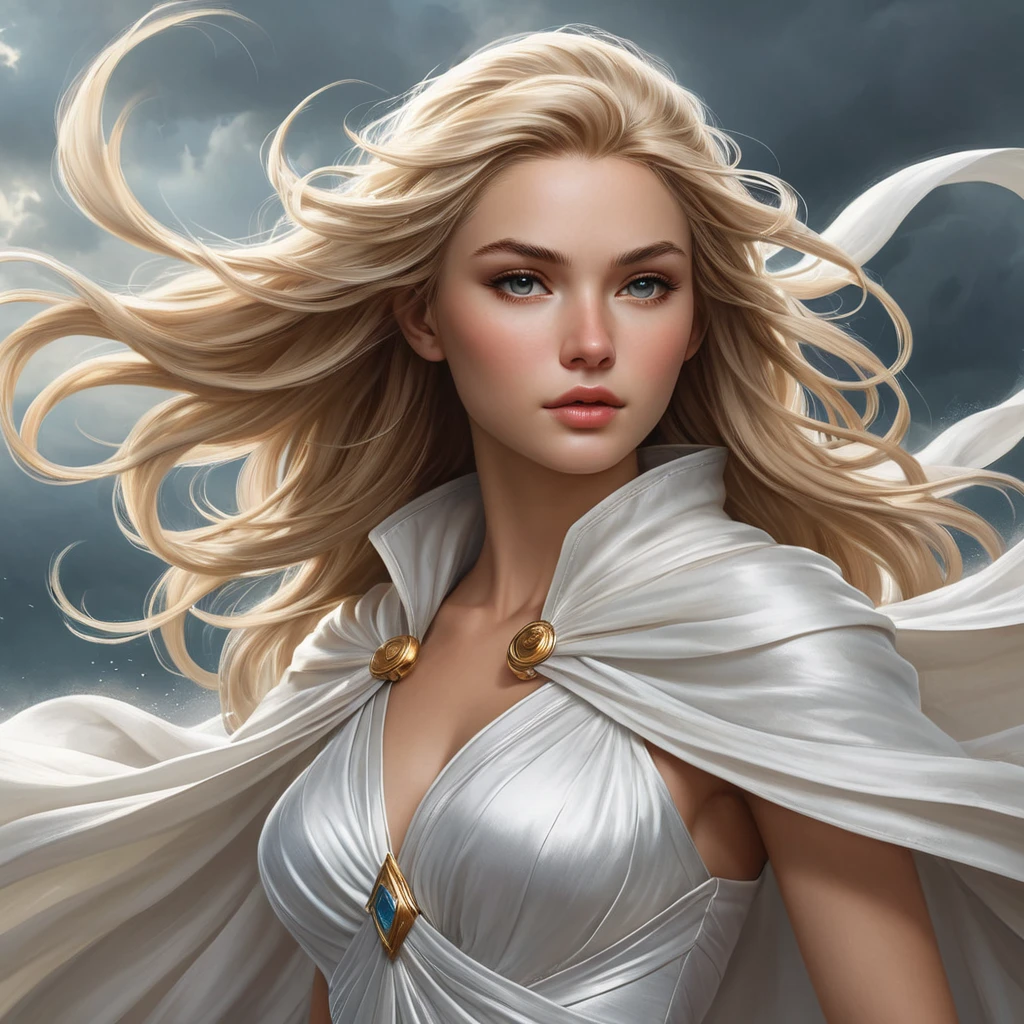 A serene and peaceful image of Janna, the Storm's Fury, with a flowing white cloak and a gentle breeze