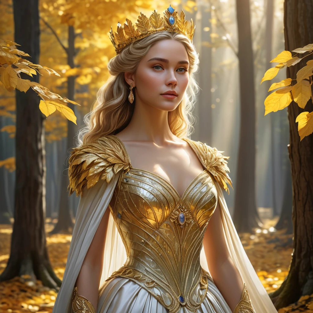 A majestic queen with a crown of golden leaves, her dress woven from the threads of sunlight, presiding over a court in a forest where the trees whisper secrets.