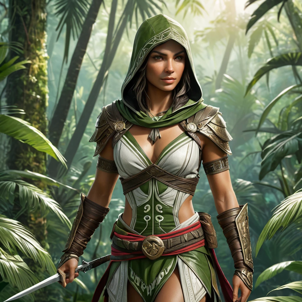 A breathtaking Assassin's Creed woman in a lush, verdant jungle environment, her attire a mix of natural camouflage and ancient tribal designs, with a hidden blade glinting in the dappled sunlight.