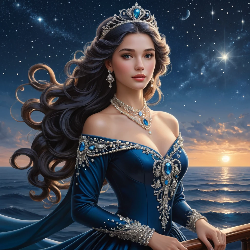 A princess with hair the color of midnight, adorned with a tiara of sea pearls, standing on the deck of a ship sailing through a sea of stars.