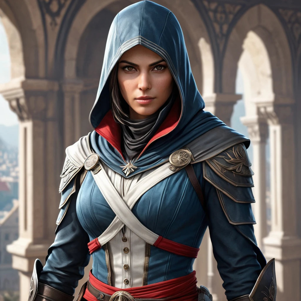 a beautiful, skilled female Assassin from the Assassin's Creed series, with a commanding presence and a complex, multi-layered character, in a visually stunning, hyper-detailed environment