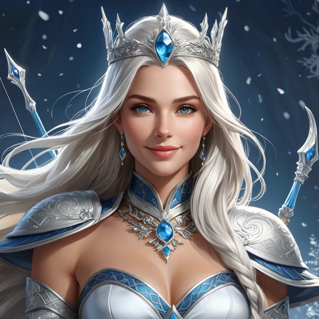 A stunning illustration of Ashe, the Frost Archer, with a regal crown and a gentle smile