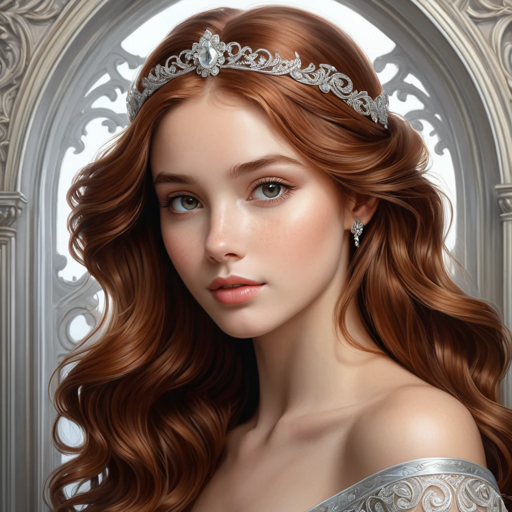 A young princess with cascading waves of lustrous auburn hair, her delicate features framed by a circlet of silver filigree, a serene expression on her face as she gazes out over her kingdom.