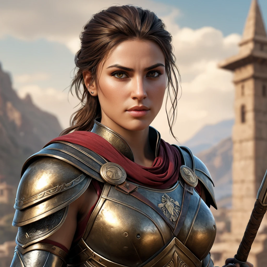 A detailed portrait of Kassandra, the powerful Spartan warrior from Assassin's Creed, standing tall and proud in her bronze armor, her piercing gaze commanding attention.