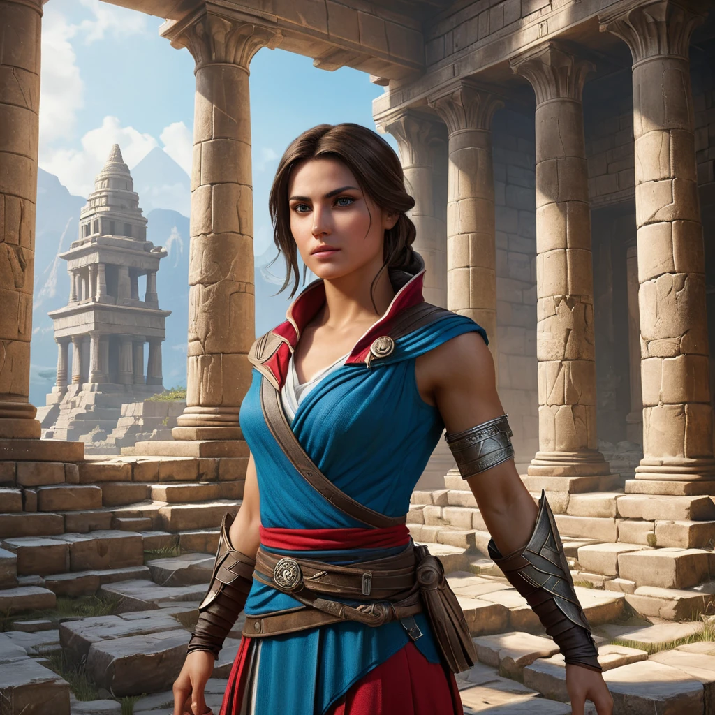 Kassandra, the enigmatic protagonist of Assassin's Creed, standing amidst the ruins of an ancient temple, her gaze fixed on a mysterious artifact hidden within.