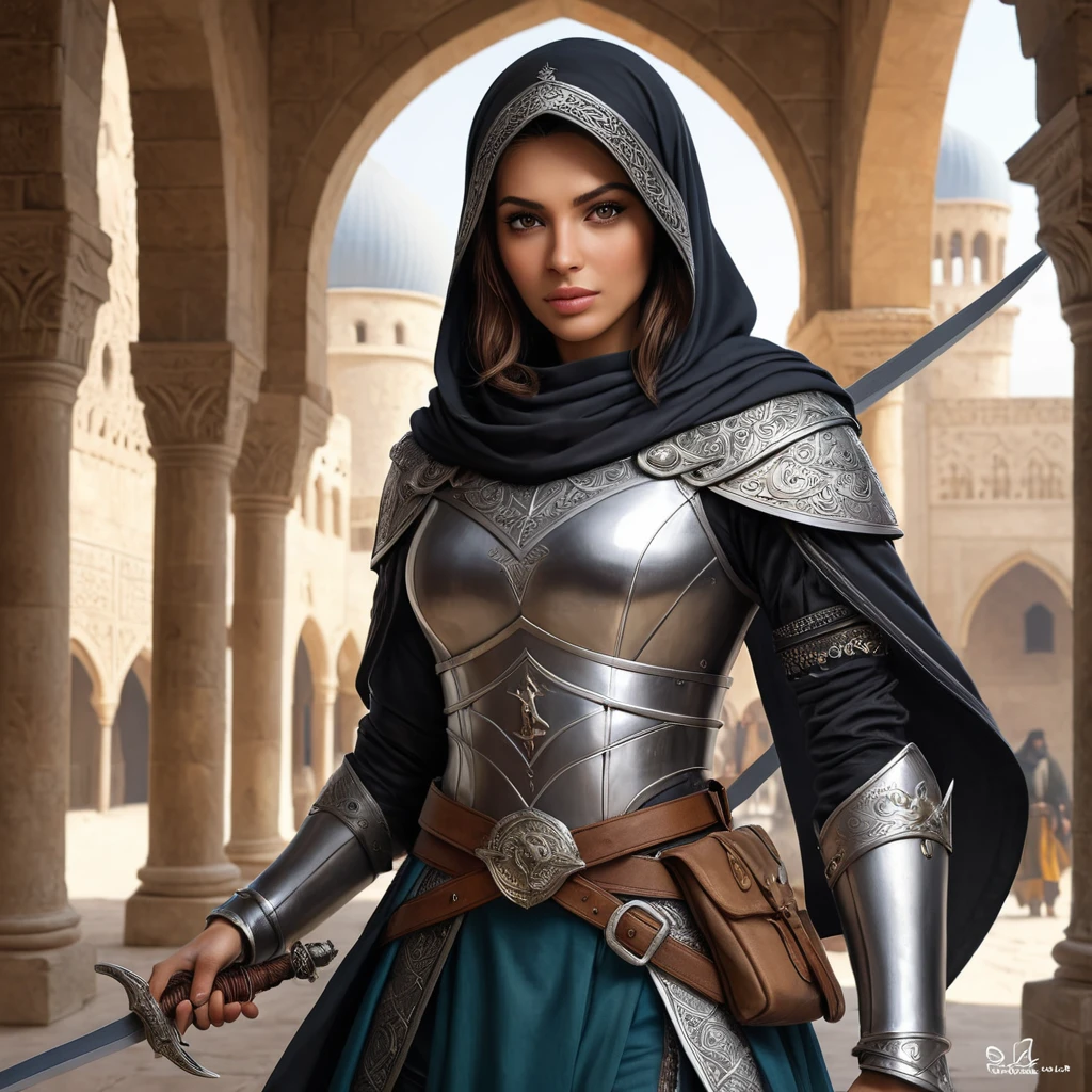 Layla Hassan, the Assassin of the Crusades, with a medieval Arabic outfit and a scimitar