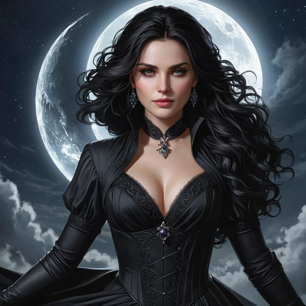 Yennefer of Vengerberg, her elegant black dress shimmering under the moonlight, her face a mixture of power and grace, surrounded by a swirling vortex of magic