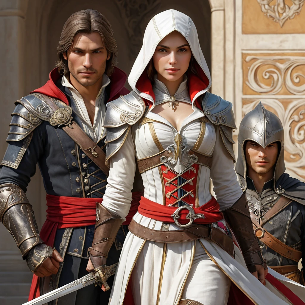 Ezio's Assassin sister, Altaïr's descendant, with a Renaissance-inspired outfit and a sword in hand