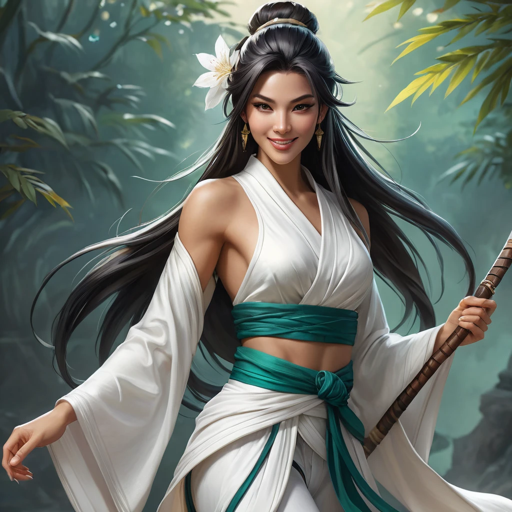 A beautiful and ethereal image of Akali, the Rogue Assassin, with a flowing white kimono and a subtle smile