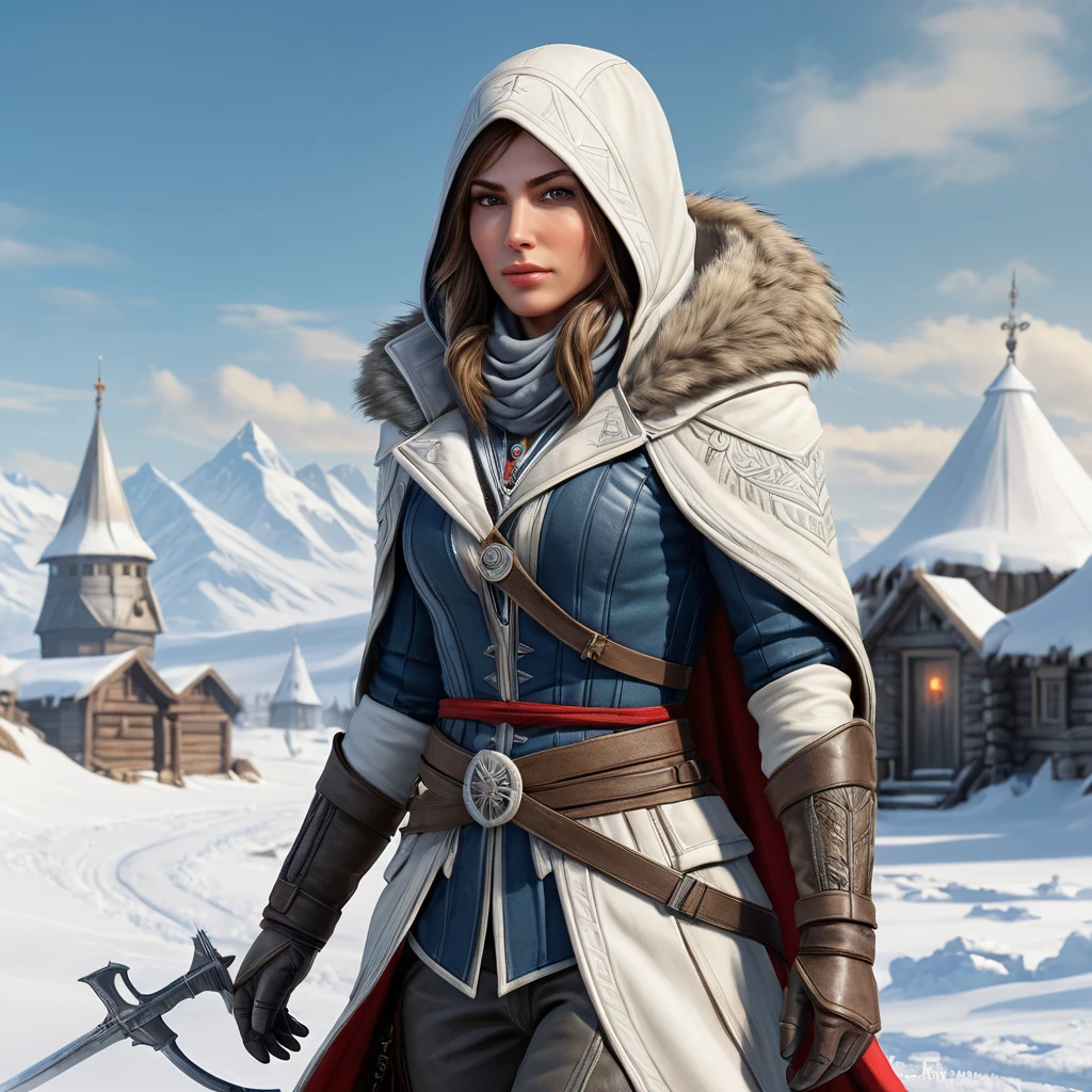 A breathtaking Assassin's Creed woman in a snowy Russian tundra, her attire a blend of fur-lined winter gear and advanced cold-weather assassin technology, with a distant igloo village in the background.