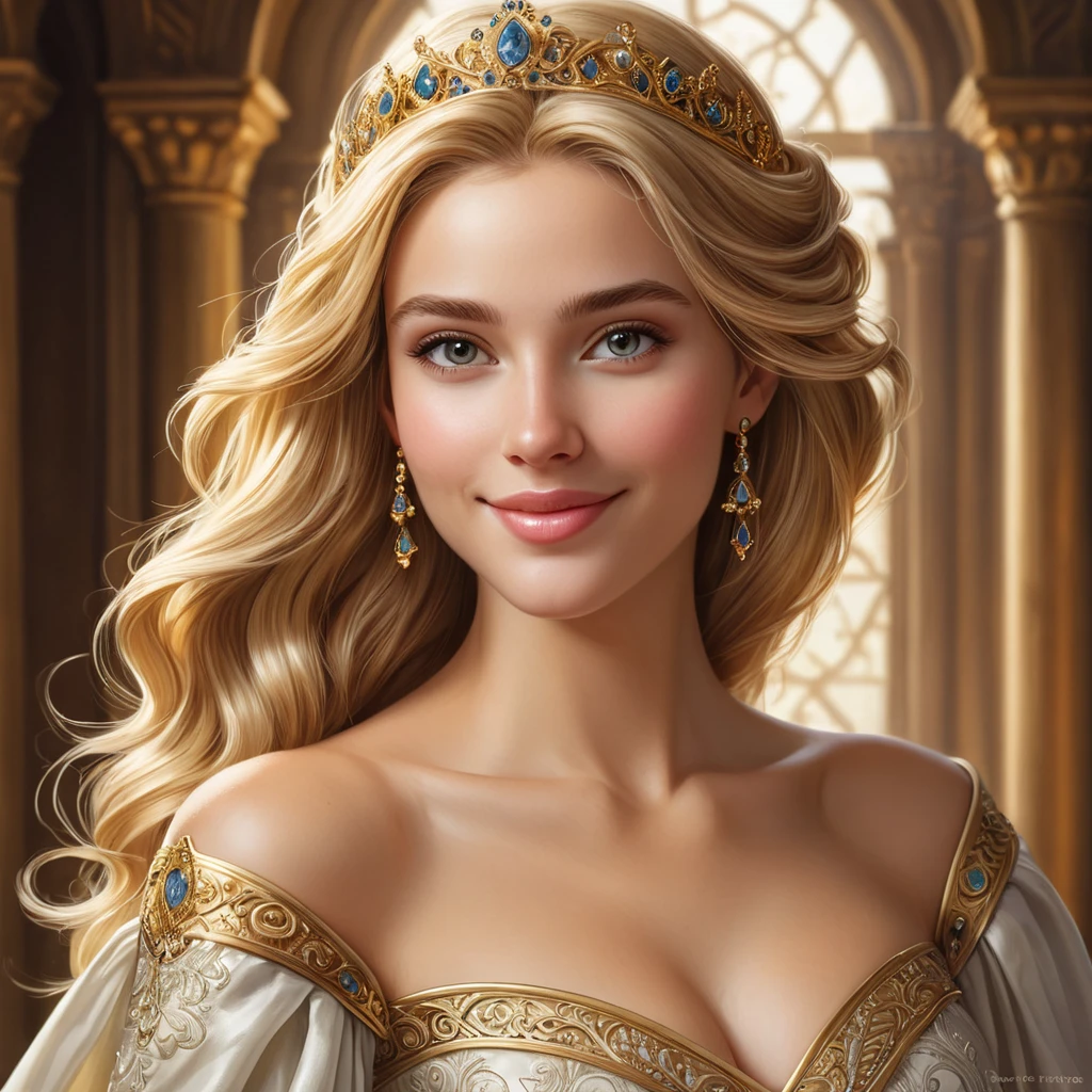 A regal, golden-haired princess, inspired by the kingdom of Cintra, with a kind face and a gentle smile