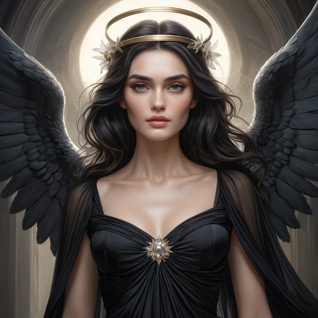 A romantic and dreamy portrait of Morgana, the Fallen Angel, with a flowing black dress and a halo of light