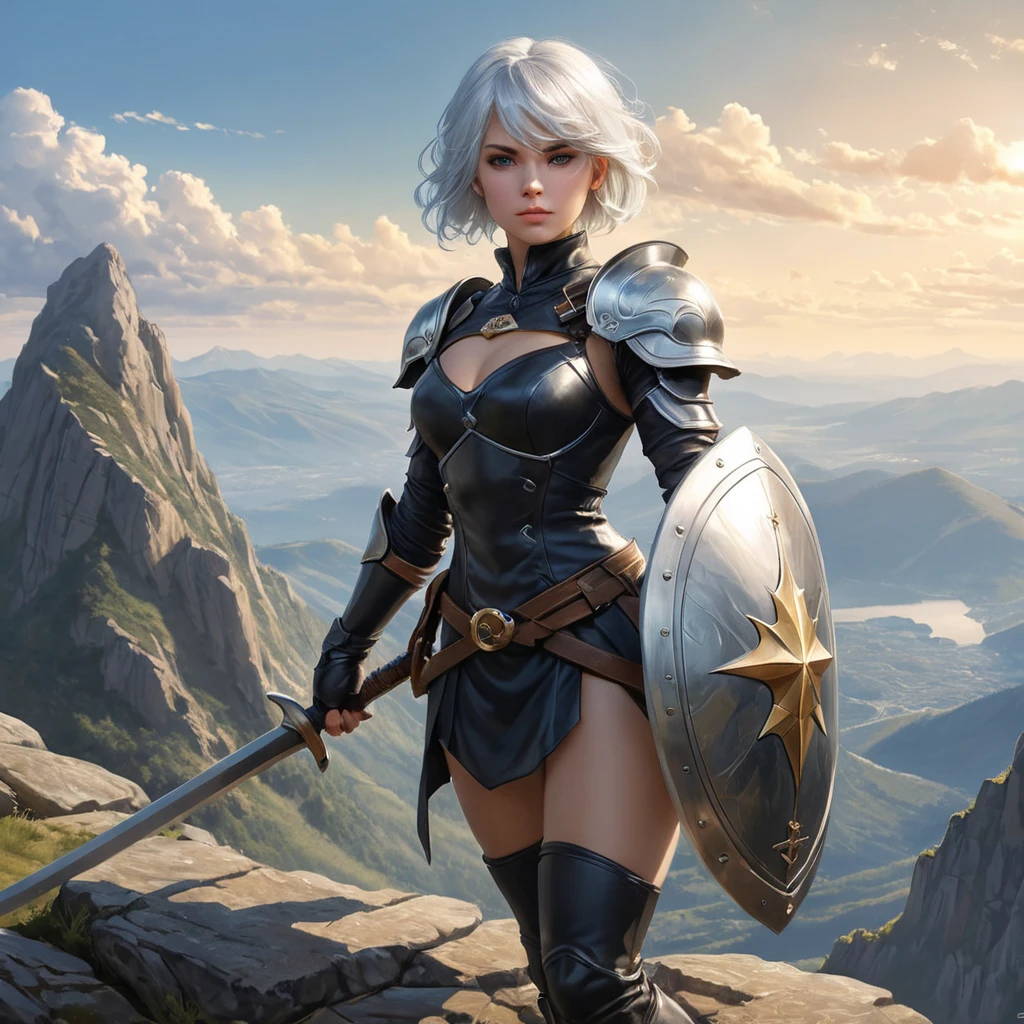 2B with a sword and shield, standing victorious on a mountain peak