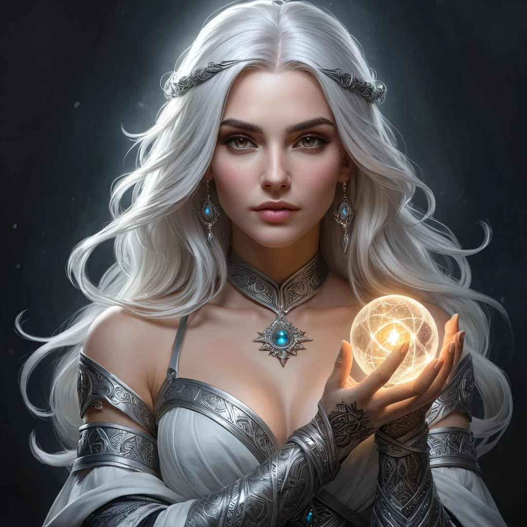 A fantasy portrait of a sorceress, inspired by the Witcher universe, with flowing white hair, intricate tattoos on her arms, and a captivating gaze, holding a glowing orb in her hand