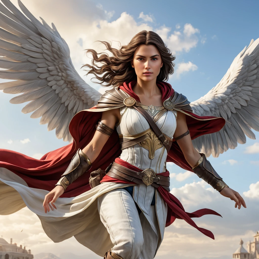 Kassandra, the Misthios of Assassin's Creed, soaring through the air on a magnificent pegasus, her flowing hair and billowing cloak capturing the essence of her unwavering spirit.