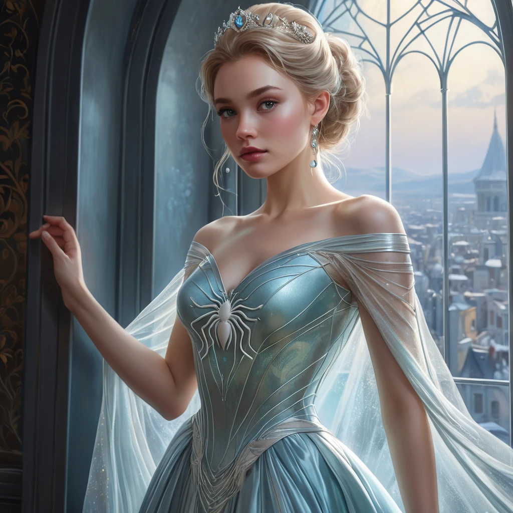 A princess with skin as pale as the moon, wearing a gown of spider silk, standing in a chamber of frosted glass where the light refracts into a thousand colors.