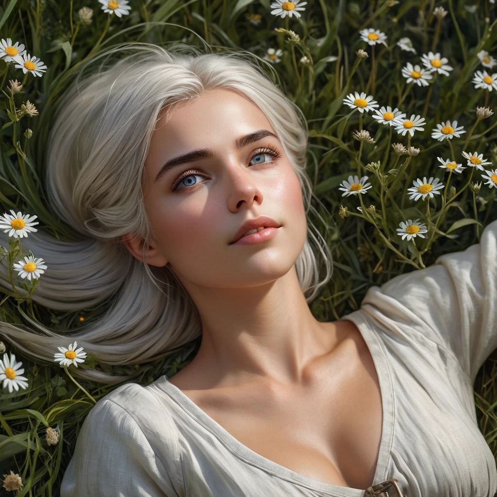 Ciri in a vast, open field of wildflowers under a clear, starry night sky, her form relaxed, lying back on the soft grass, her eyes gazing upwards