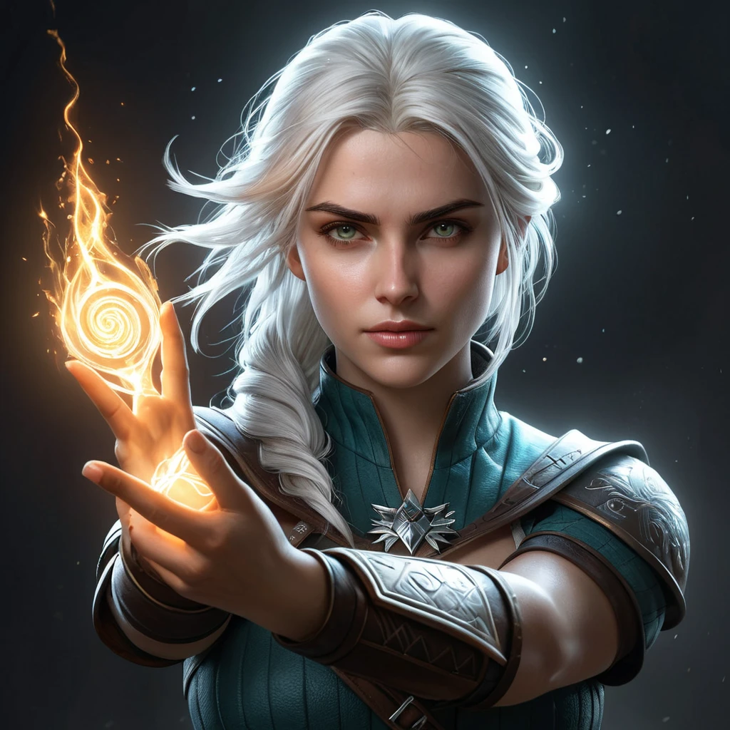 A powerful image of Ciri from The Witcher 3 using her magical abilities, with glowing runes surrounding her, and a wave of energy emanating from her hand.