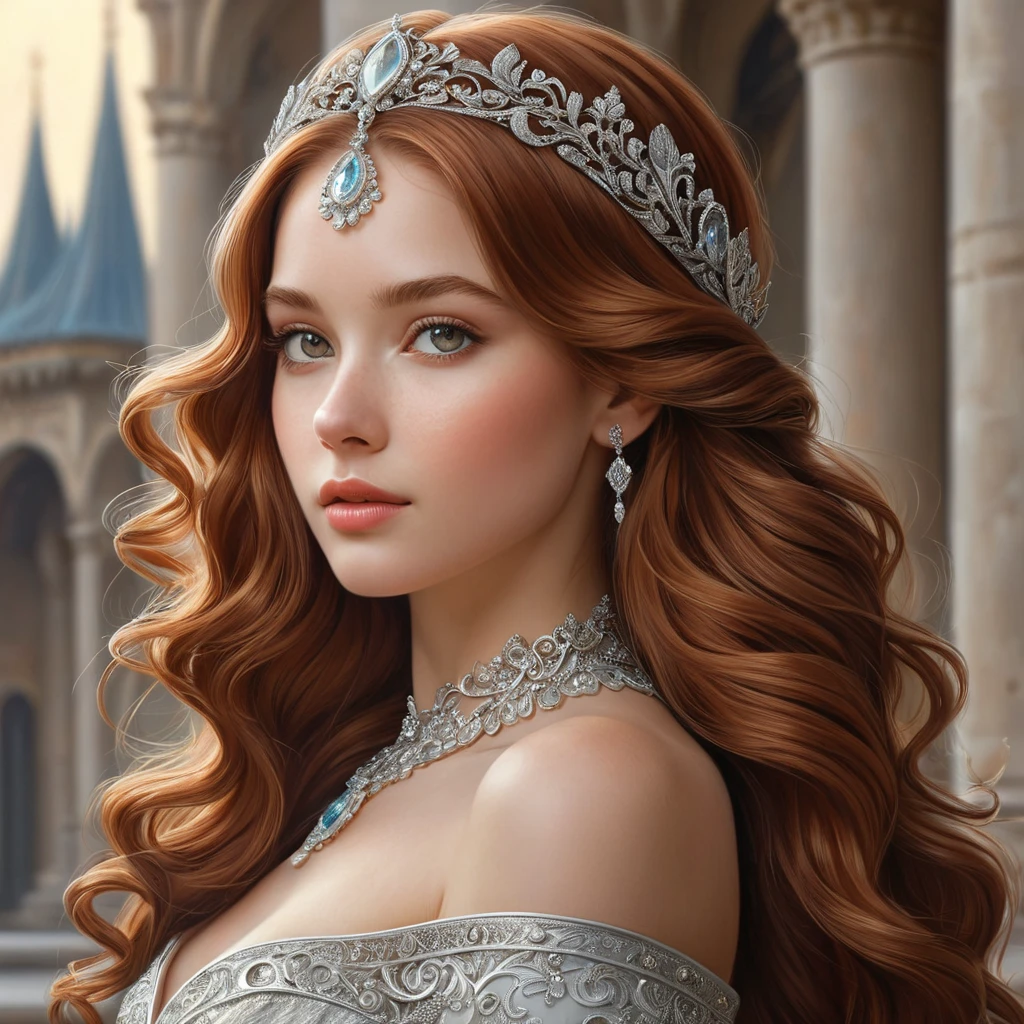 A young princess with cascading waves of lustrous auburn hair, her delicate features framed by a circlet of silver filigree, a serene expression on her face as she gazes out over her kingdom.