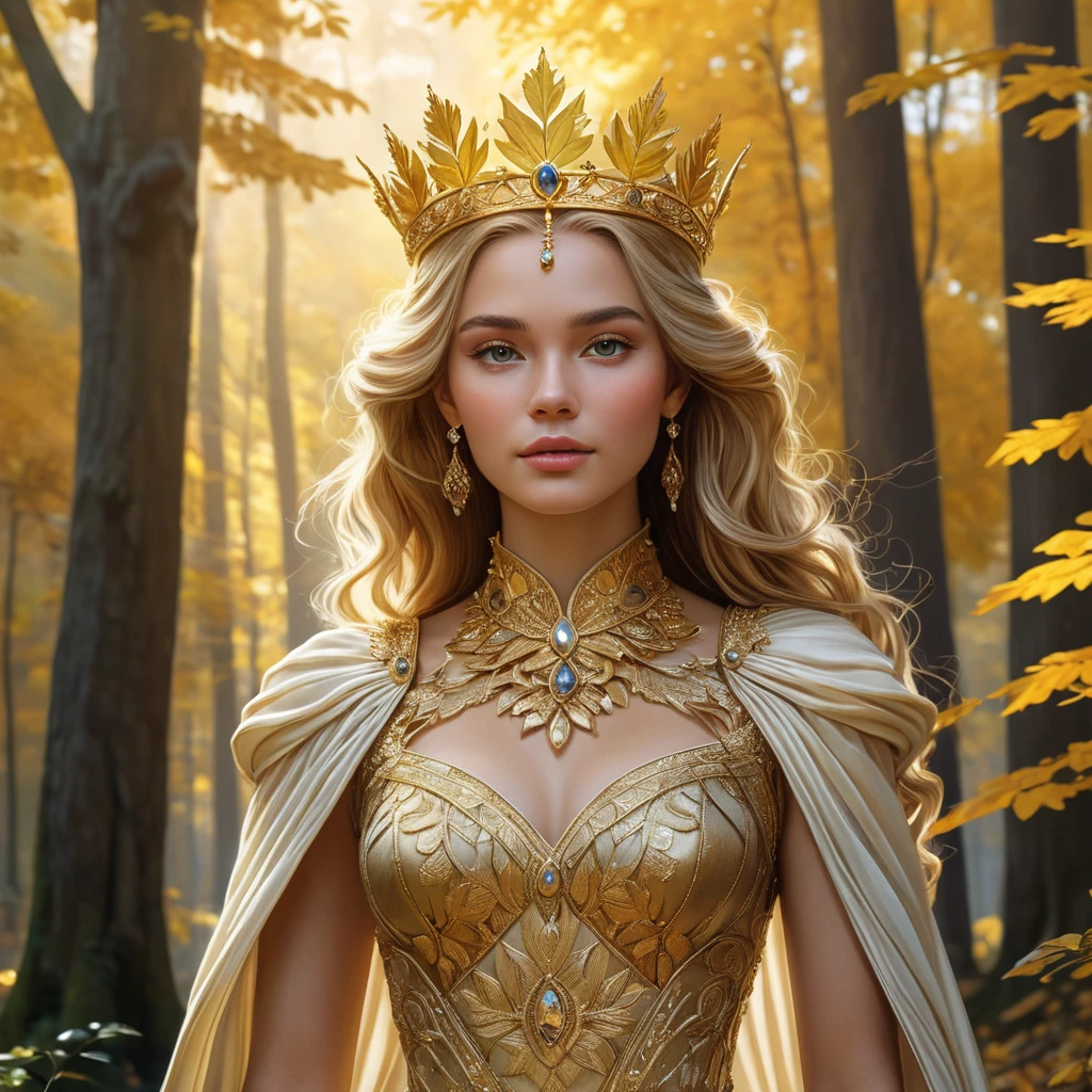 A majestic queen with a crown of golden leaves, her dress woven from the threads of sunlight, presiding over a court in a forest where the trees whisper secrets.