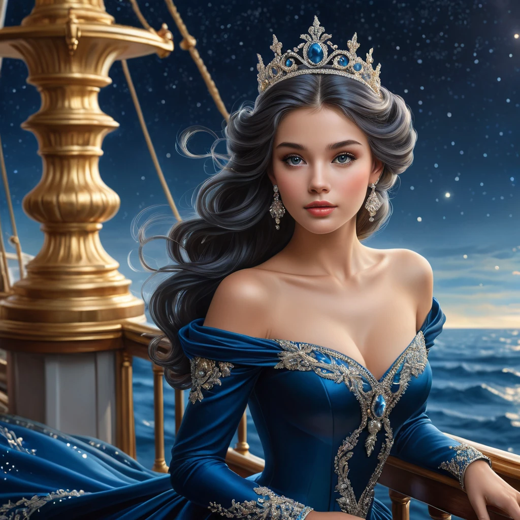 A princess with hair the color of midnight, adorned with a tiara of sea pearls, standing on the deck of a ship sailing through a sea of stars.