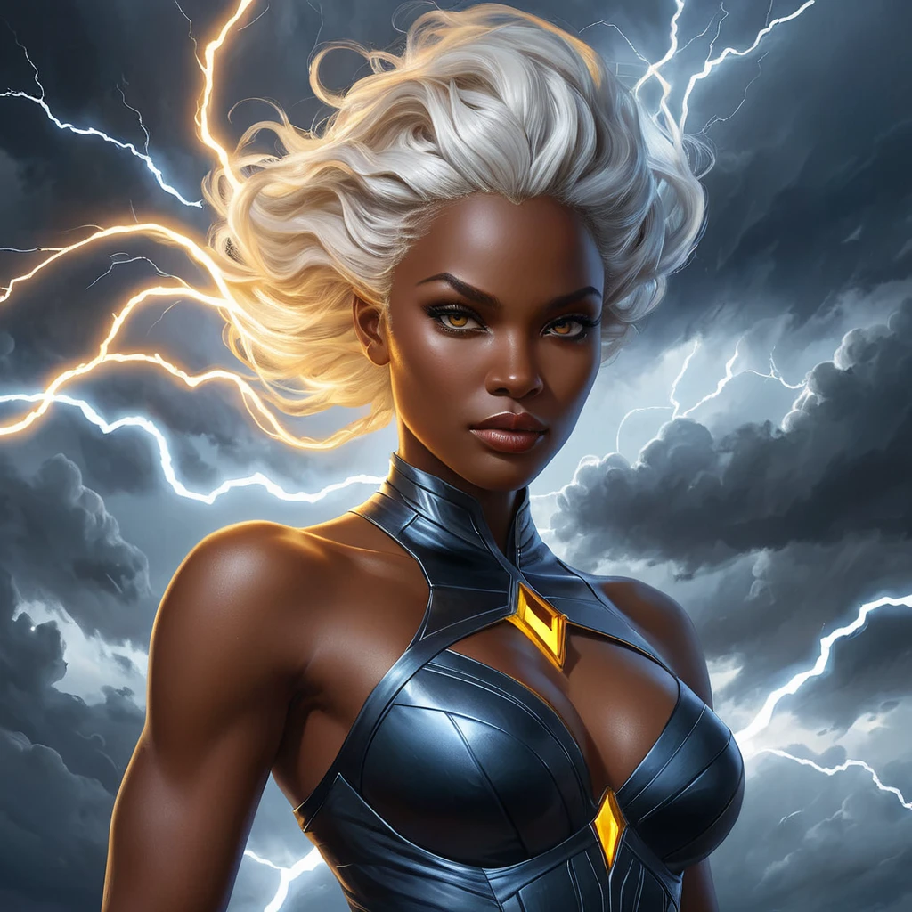 Storm with a fierce expression, her dark skin glowing with electricity, standing in a stormy sky