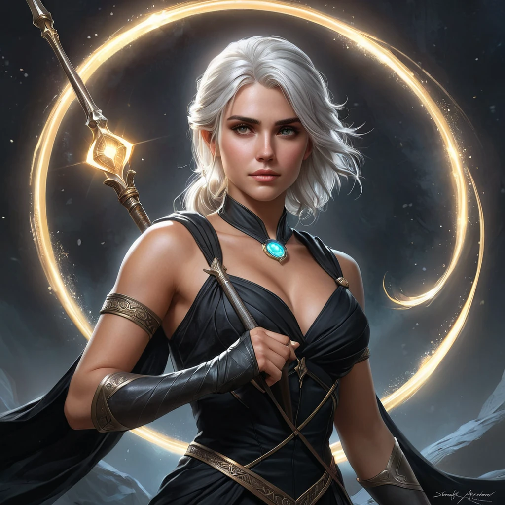 Ciri, the sorceress, with a flowing black dress and a staff in hand, surrounded by a halo of light