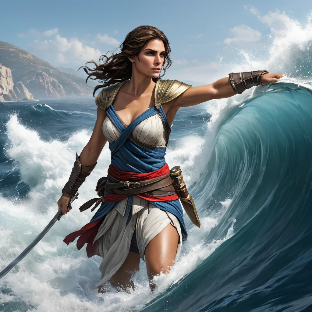 Kassandra, the enigmatic protagonist of Assassin's Creed, navigating the treacherous waters of the Aegean Sea, her ship cutting through the waves with grace and power.