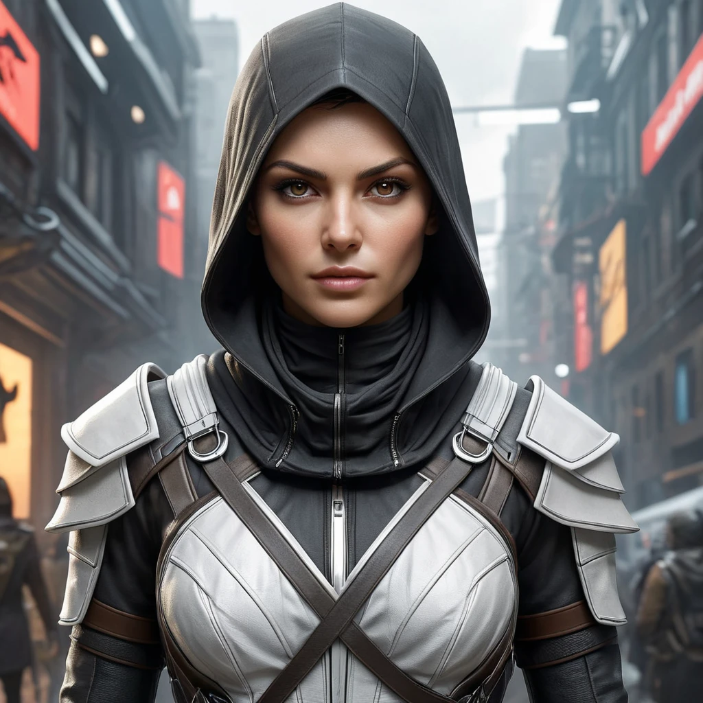 a powerful, enigmatic female Assassin from the Assassin's Creed universe, with a captivating gaze and a sleek, futuristic outfit, in a sci-fi, dystopian setting