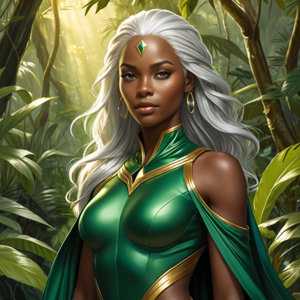 Ororo Munroe in a flowing green costume, her dark skin glowing with a warm golden light, standing in a lush jungle