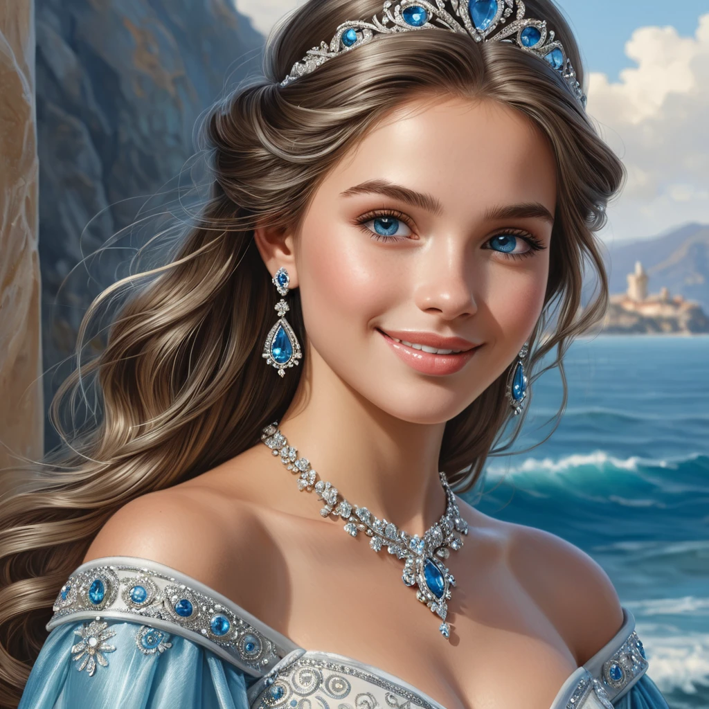 A breathtaking princess with skin like alabaster and eyes the color of the ocean, her gown a masterpiece of shimmering blue and silver, her gentle smile radiating a sense of kindness and compassion.