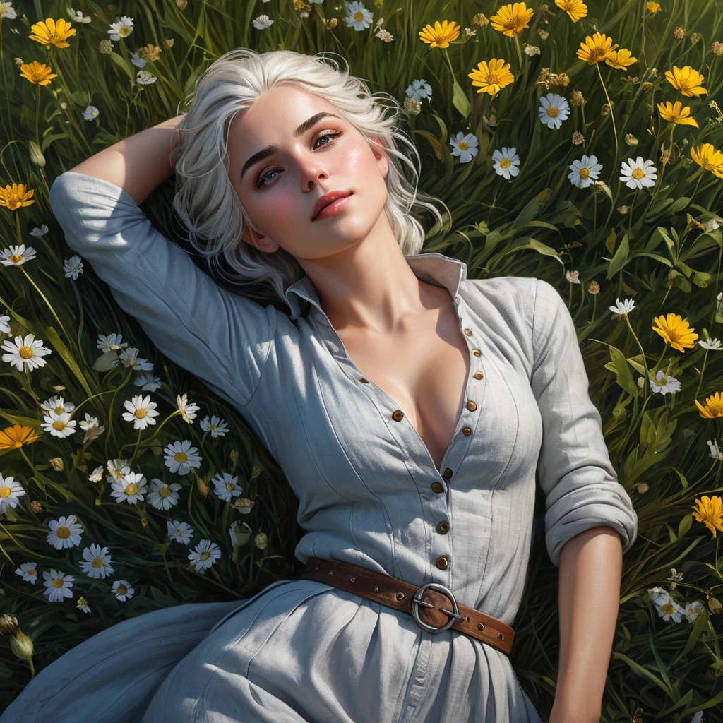 Ciri in a vast, open field of wildflowers under a clear, starry night sky, her form relaxed, lying back on the soft grass, her eyes gazing upwards