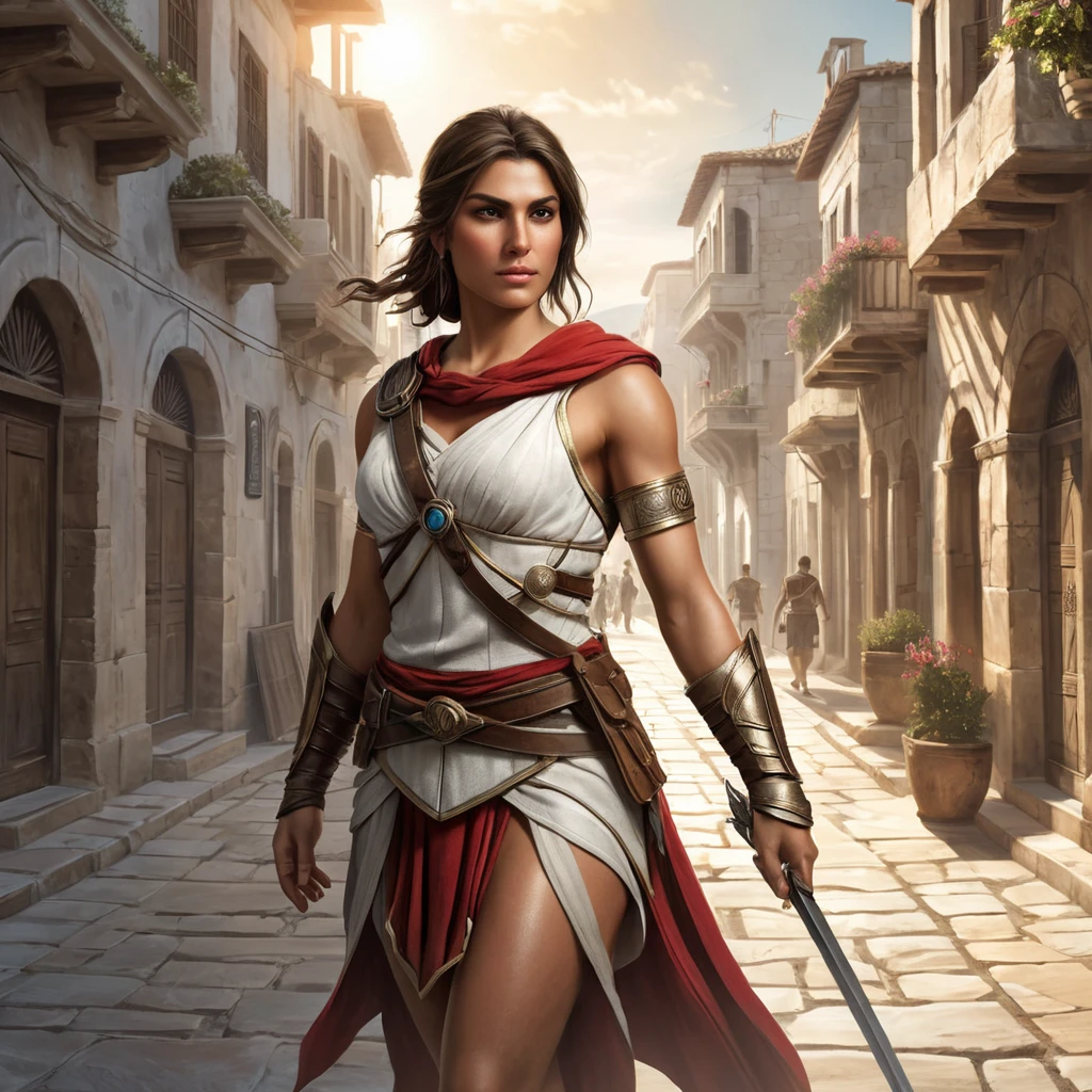 Kassandra, the legendary mercenary of Assassin's Creed, navigating the ancient streets of a bustling Greek city, her Spear of Leonidas gleaming in the sunlight.