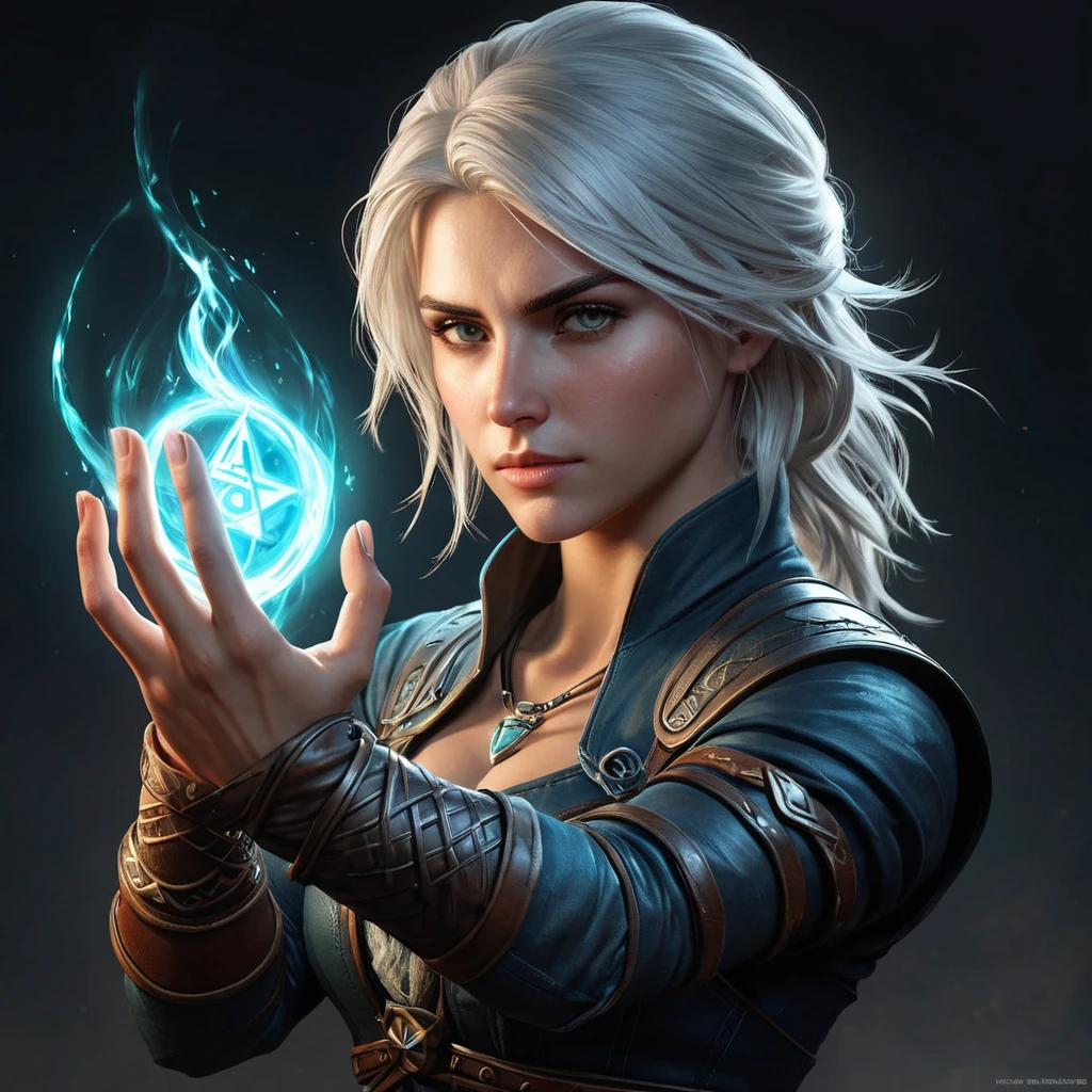 A powerful image of Ciri from The Witcher 3 using her magical abilities, with glowing runes surrounding her, and a wave of energy emanating from her hand.